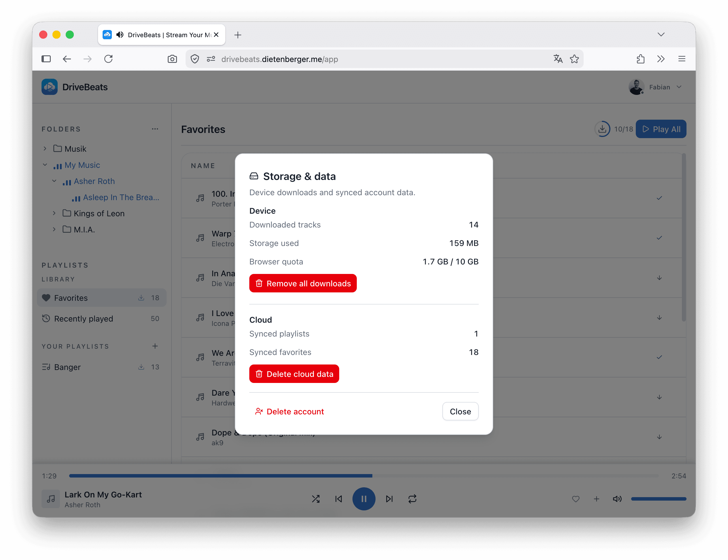 DriveBeats Storage and data dialog showing device downloads, sync counts, and delete controls
